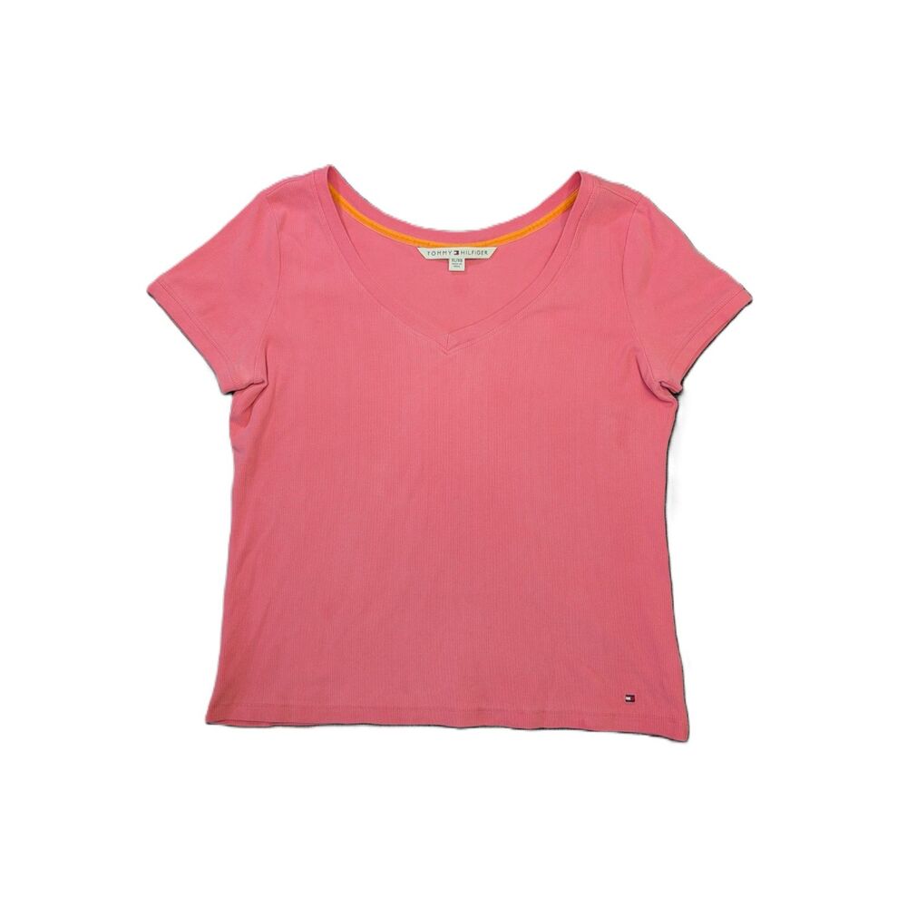 Tommy Hilfiger Shirt Womens XL Pink Logo Rib Stretch Top